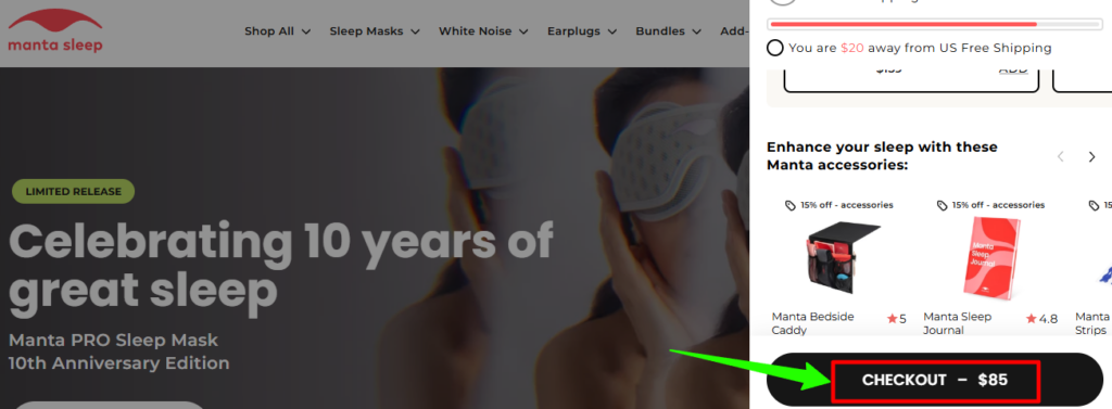 manta sleep payment checkout section