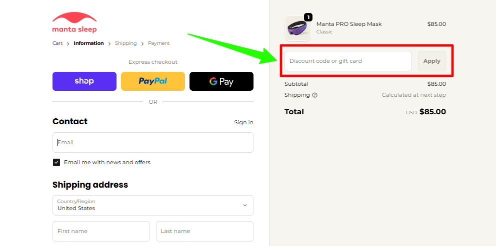manta-sleep-discount-code-option-page